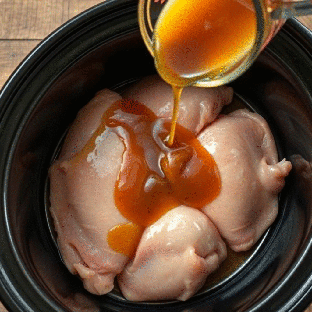 High Protein Crockpot Dinners That Taste Like Comfort Food 6 Pouring honey garlic sauce over chicken in crockpot