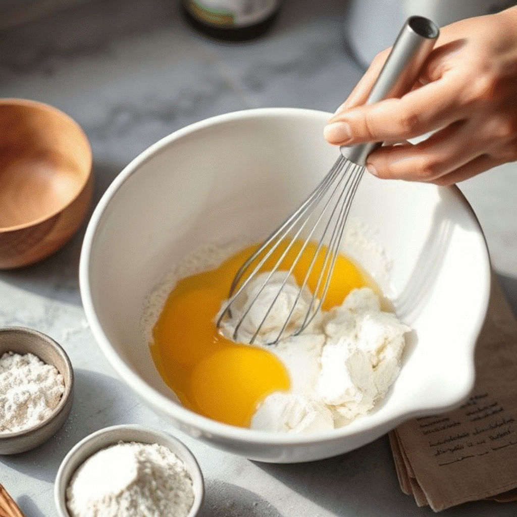 Whisking cottage cheese and eggs for flatbread batter