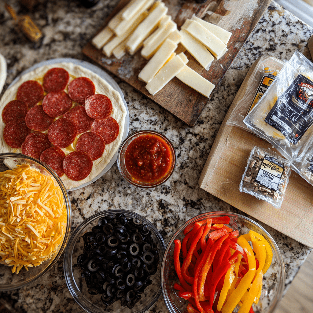 halloween pizza ingredients on home counter